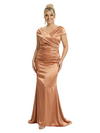 Mother of The Bride Gown V-Neck Short Sleeve Satin Ruched Mermaid Floor-Length Dress