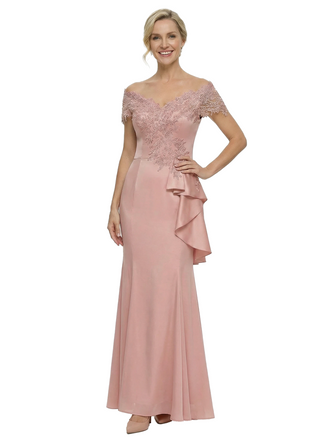 Glam Off Shoulder Short Sleeve Mother of The Groom Dress Fancy Mermaid Satin Maxi Gown with Lace Embellishments