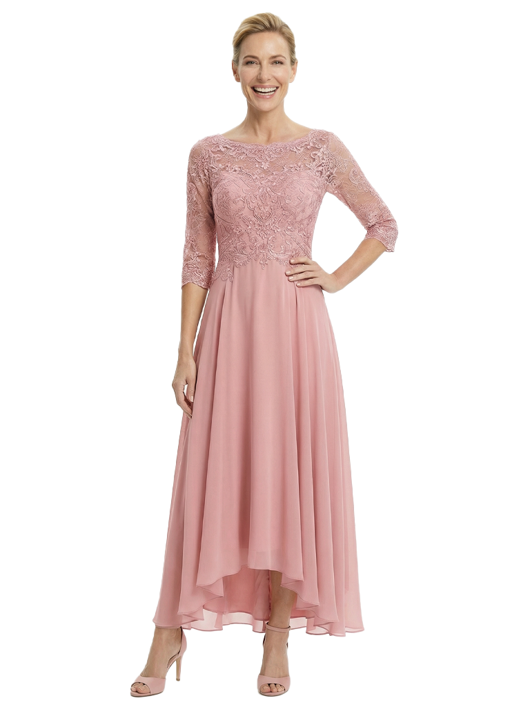 Elegant Lace 3/4 Sleeve Mother of The Groom Dress Pretty High-Low Chiffon Gown with Flowy Silhouette