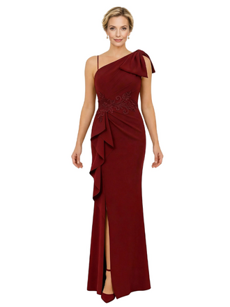 Chicsew Mother of Groom Gown Spaghetti Straps Ruffled Jersey Trumpet Maxi Dress with Bow