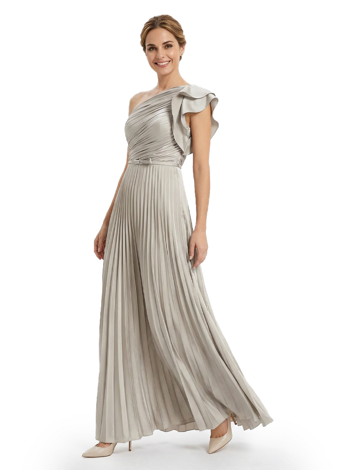 Pretty Mother of The Groom Dress Modern One Shoulder Ruffled Chiffon Pleated Long Flowy Evening Gown