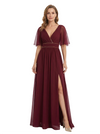 Elegant Flutter Sleeve V-Neck Chiffon Side Slit A-line Long Mother of The Bride Dresses