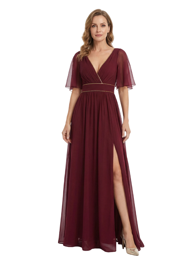 Elegant Flutter Sleeve V-Neck Chiffon Side Slit A-line Long Mother of The Bride Dresses