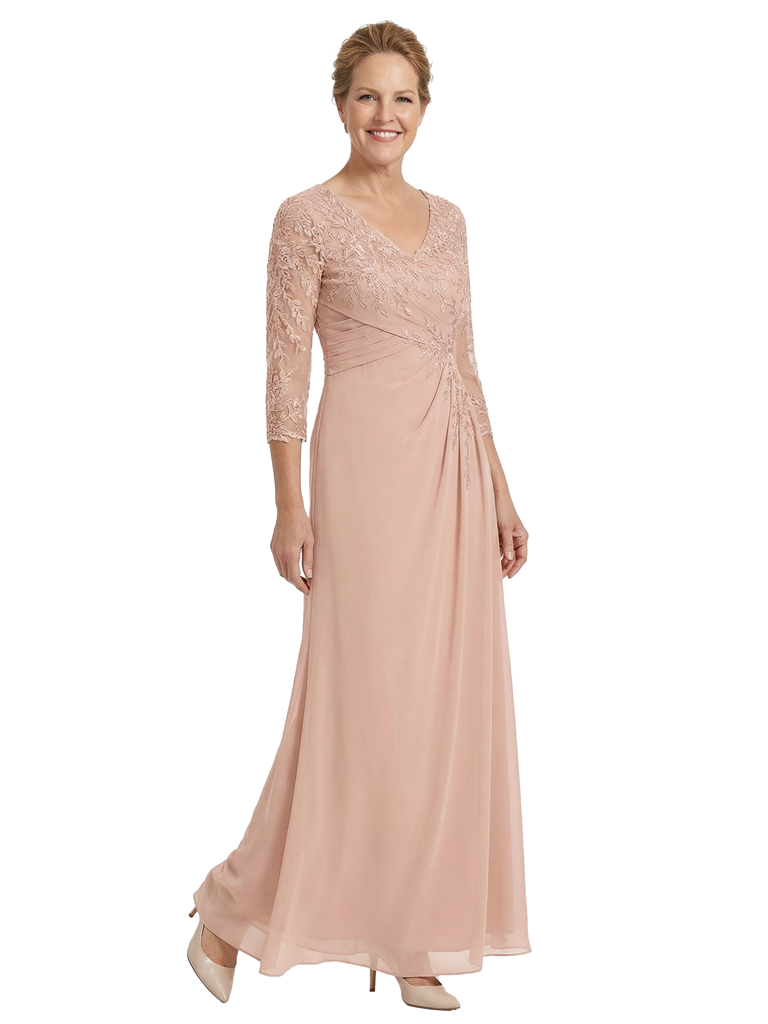 Chicsew Classy Mother of The Bride Dress V-Neck Lace 3/4 Sleeve Floor Length Chiffon Ruched Beautiful Formal Gown