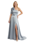 Stylish One Shoulder Short Sleeve Mother of The Bride Dress Side Slit A-Line Satin Fitted Maxi Gown