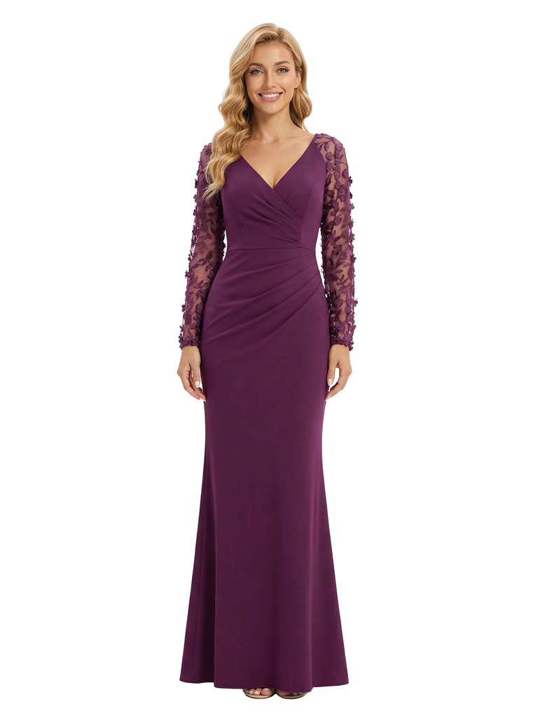 Chicsew Elegant Mother of The Groom Dress V-Neck Lace Long Sleeves Jersey Timeless Wedding Event Gown