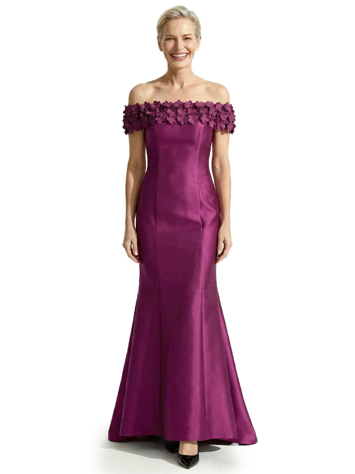 Fancy Off Shoulder Satin Mother of The Groom Dress Mermaid Gown 3D Flower