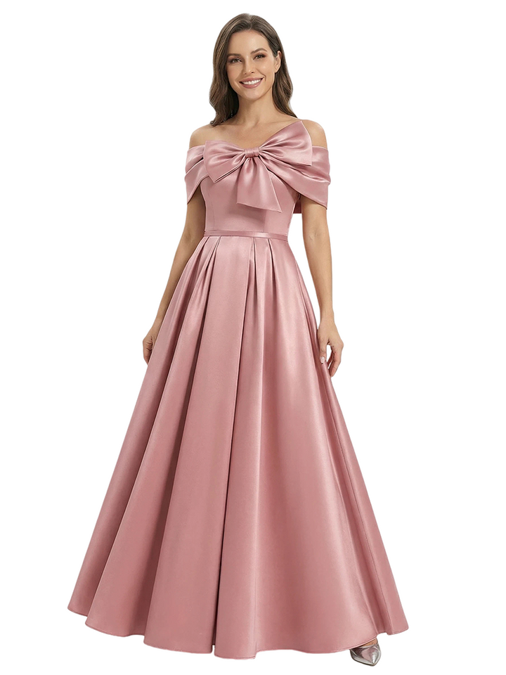 Satin A-Line Mother Of The Bride Dress Off Shoulder Bow Formal Floor Length Gown