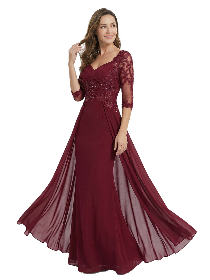 Elegant V-neck Half Sleeves Lace And Chiffon Mermaid Mother of The Bride Dresses Overskirt