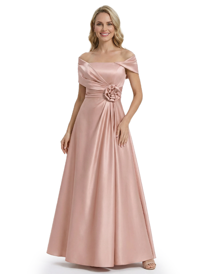 Pretty Off Shoulder Short Sleeve Asymmetric Mother of The Bride Dress Satin A-Line Maxi Gown