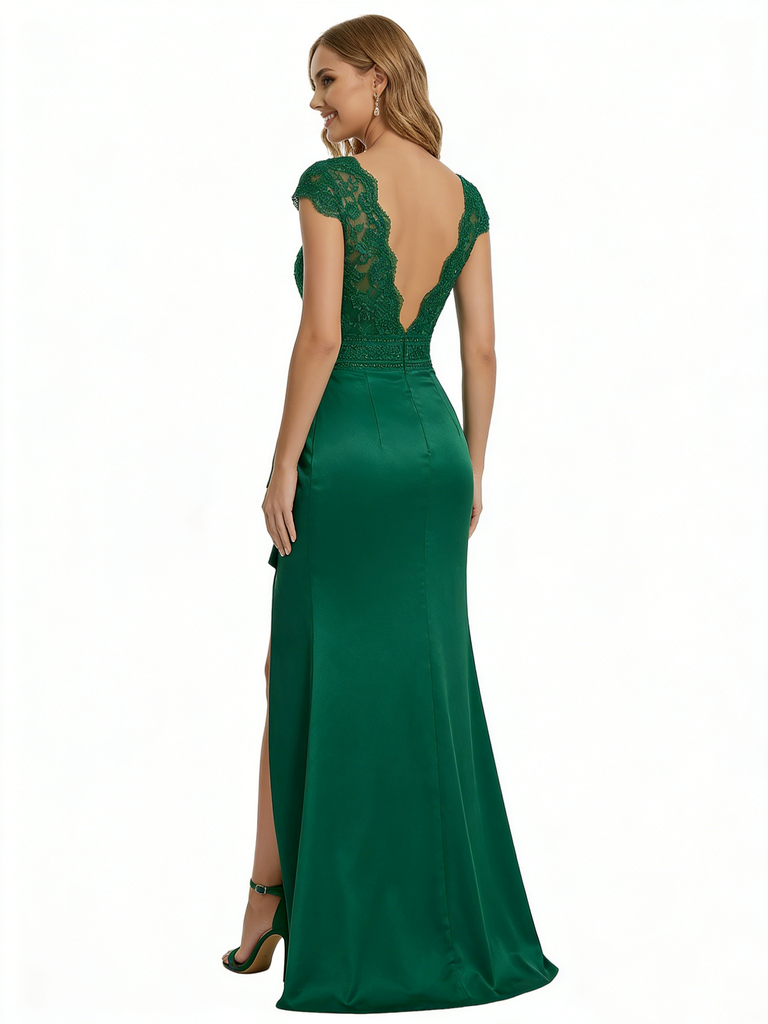 ChicSew Sexy Lace Cap Sleeve V-Neck Satin Mermaid Prom Dress with Slit