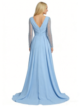 ChicSew Elegant Mermaid Long Sleeves V-neck Side Slit Long Satin Party Prom Dresses Overskirt