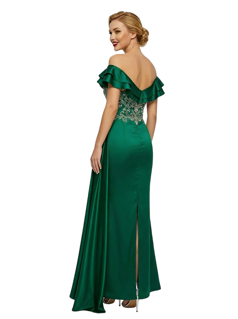 ChicSew Heavily Beaded Off The Shoulder Long Satin Mermaid Party Prom Dress