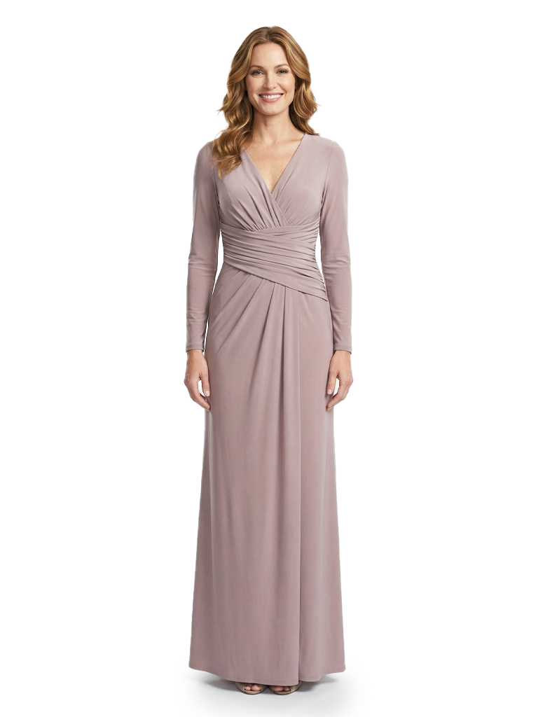 Mother of The Bride Dress Long Sleeve V-Neck Ruched Maxi Pretty Timeless Formal Wedding Guest Gown