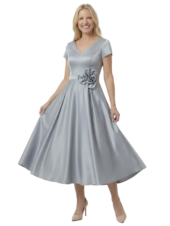 Lovely V-Neck Short Sleeve Mother of The Groom Dress Pretty Tea-Length Satin Gown with Statement Flower Accent
