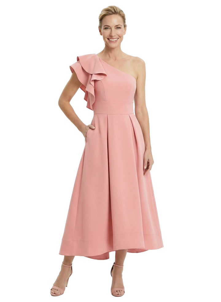 Chicsew Crepe Mother of The Groom Dress One Shoulder Ruffled A-Line Midi Gown Stylish Modern Fit