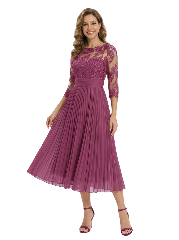 Elegant Summer Pleated Long Sleeve Chiffon Mother of The Bride Dress Tea-Length