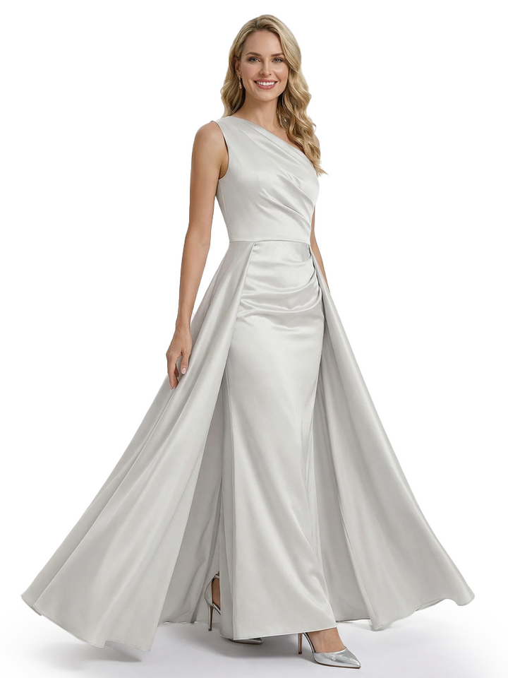 Sexy Mother of The Bride Dress Unique One Shoulder Satin Fitted Long Draped Formal Mermaid Gown