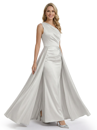 Sexy Mother of The Bride Dress Unique One Shoulder Satin Fitted Long Draped Formal Mermaid Gown