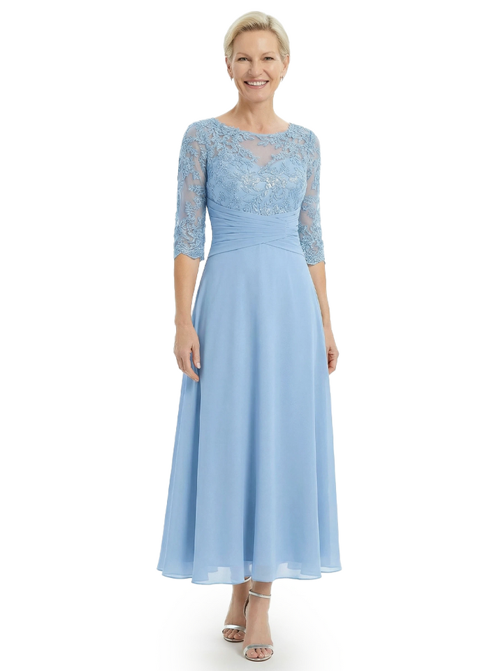 Mother of The Bride Gown Half Sleeve Lace Bodice Chiffon A-Line Ankle-Length Beautiful Elegant Formal Event Attire