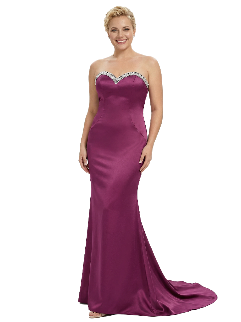 Stylish Strapless Sweetheart Satin Mother of The Bride Dress Floor-Length Mermaid Gown Beading Glamorous Wedding Formal Wear