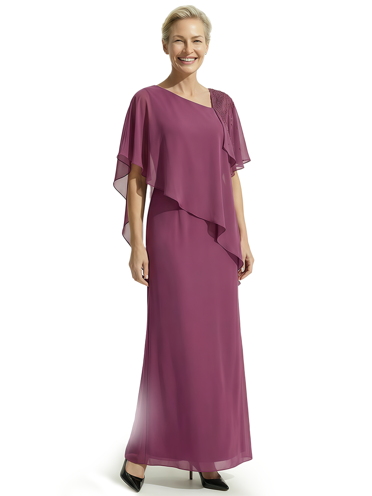 Modern Asymmetric Cape Sleeve Chiffon Mother of The Bride Dress Wedding Guest Outfit