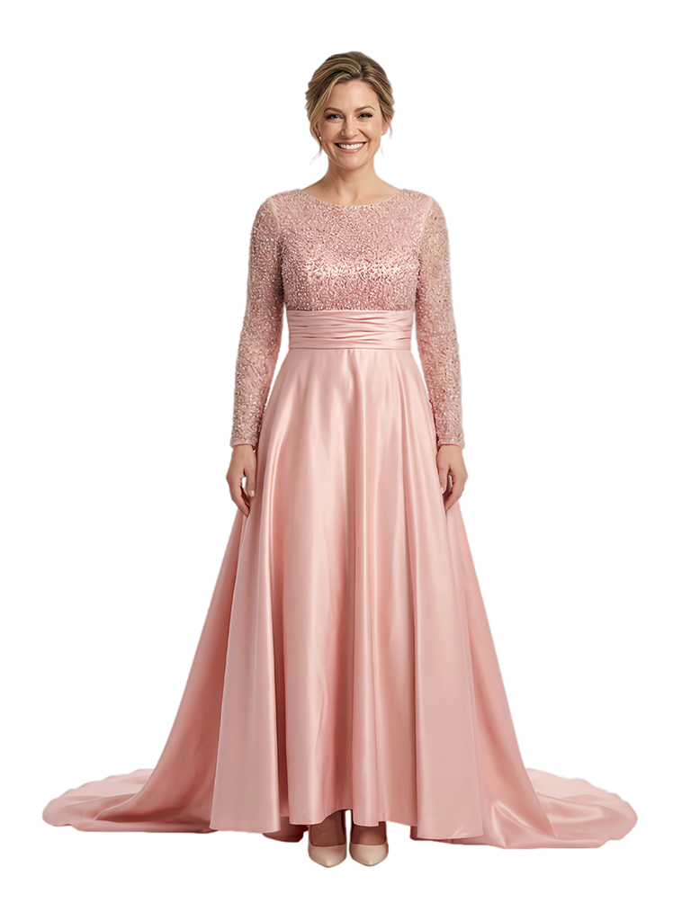 Mother of The Bride Dress Scoop Long Sleeve Sequin Satin Floor-Length Gown Wedding Guest Attire