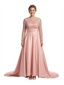 Mother of The Bride Dress Scoop Long Sleeve Sequin Satin Floor-Length Gown Wedding Guest Attire