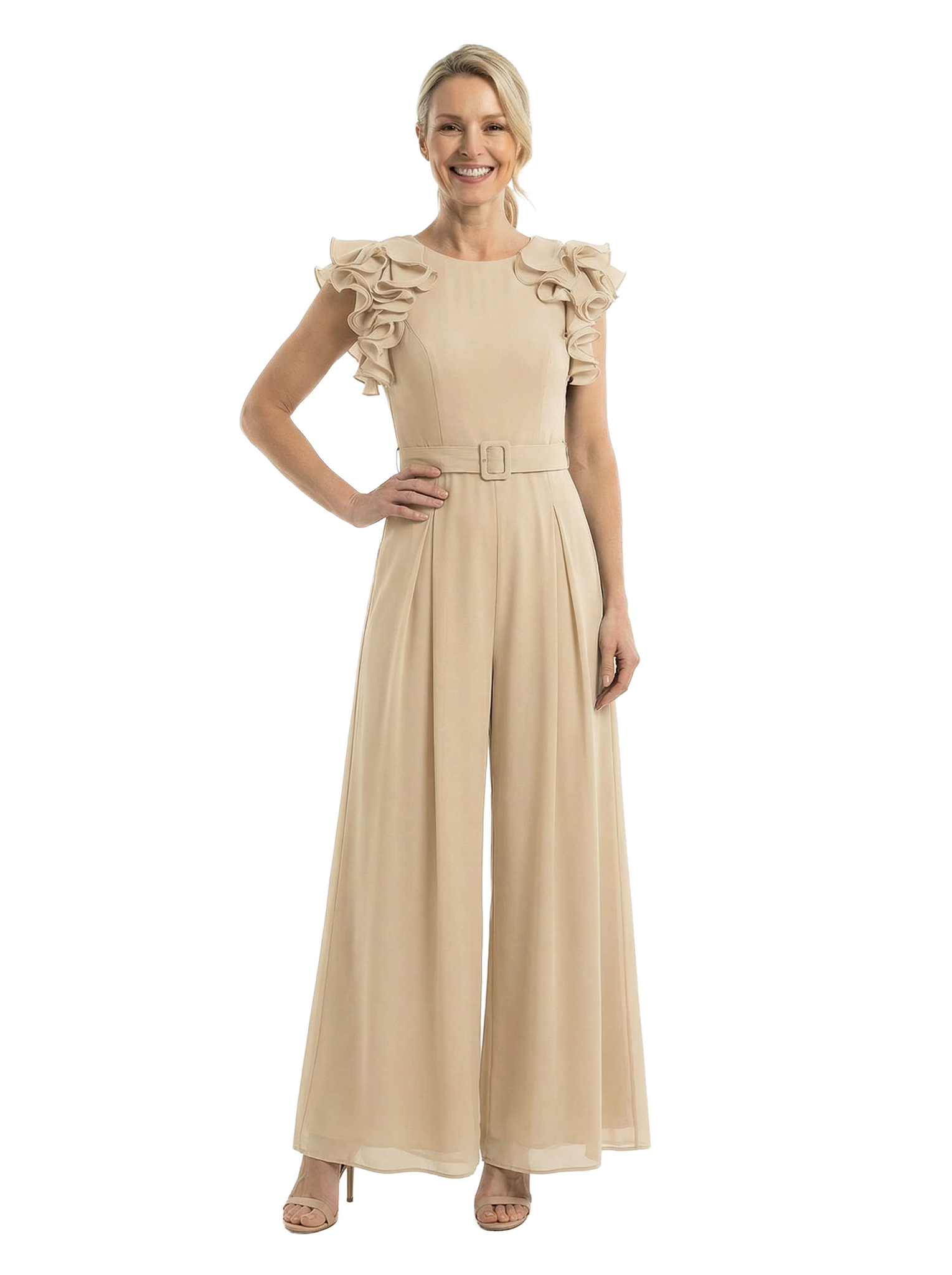 Chicsew Mother of The Bride Jumpsuit Classy Jewel Ruffle Short Sleeve Chiffon Outfit Modern Design