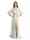 Casual Chiffon V-neck Long Sleeves A-Line Long Mother of The Bride Dresses Side Slit