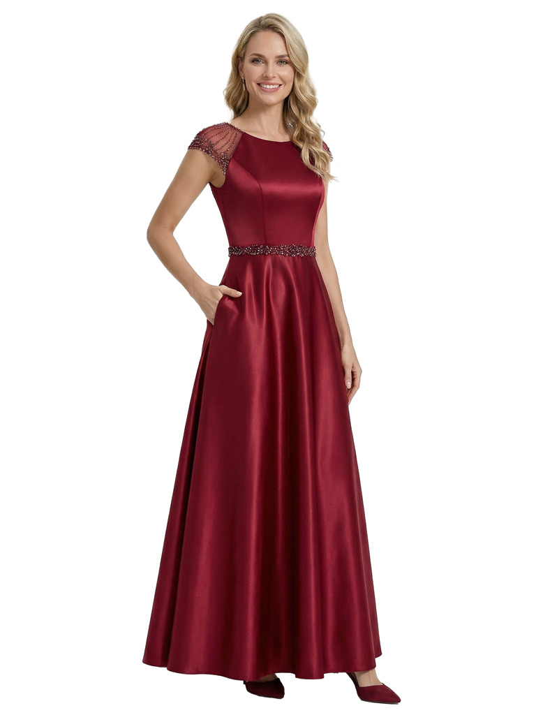 Elegant Scoop Cap Sleeve Satin A-Line Floor-Length For Mother Of The Bride with Pocket