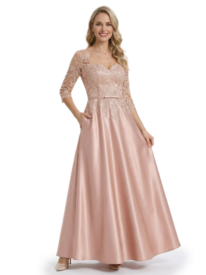Beautiful Lace 3/4 Sleeve Mother of The Bride Dress Fancy A-Line Satin Maxi Gown with Belted Waist Design