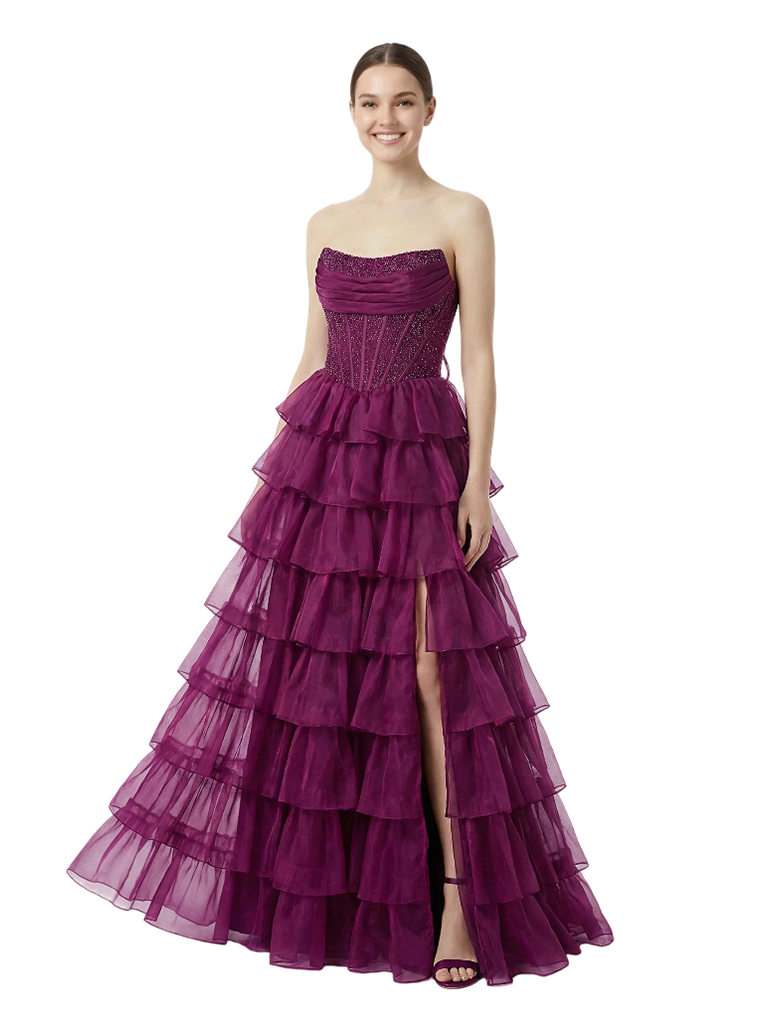Sexy Strapless Sweetheart Ruched Corset Side Slit A-Line Tulle Maxi Prom Dress