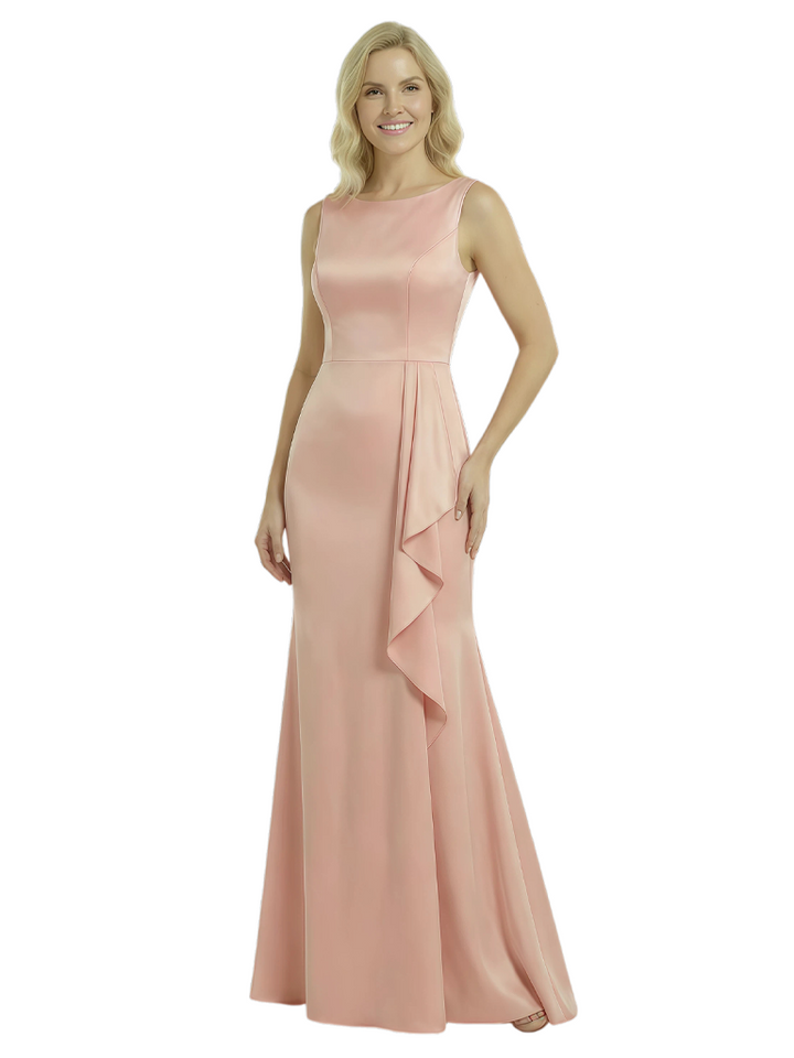 Mother of The Bride Dress Scoop Sleeveless Ruffled Satin Mermaid Floor-Length Gown Graceful Luxe Formal Event Attire