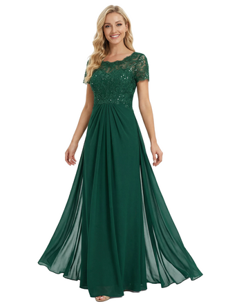 Chicsew Gorgeous Short Sleeve Mother of The Groom Dress Flowy Long Chiffon Formal Gown