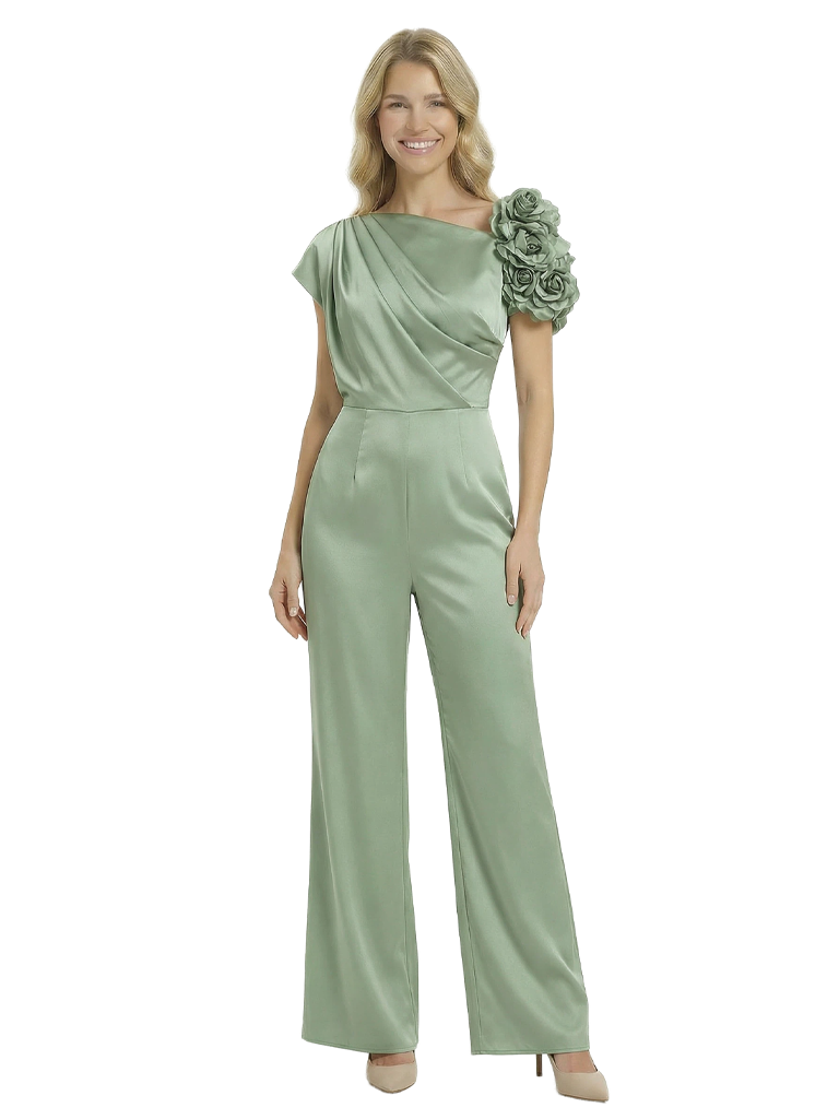 Chicsew Mother of The Groom Jumpsuit Unique Flower Detail Satin Wide Leg Long Outfit Sleek Modern Design