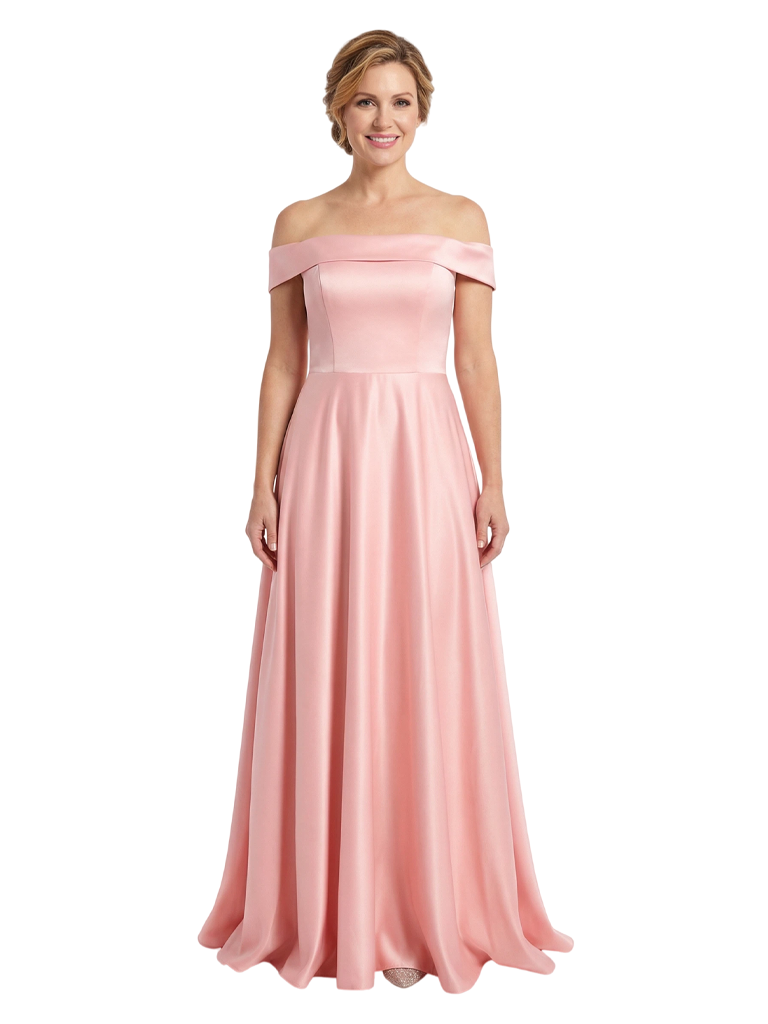 Elegant Off Shoulder Sleeveless Mother of The Bride Dress Satin A-Line Maxi Gown with Timeless Structured Bodice