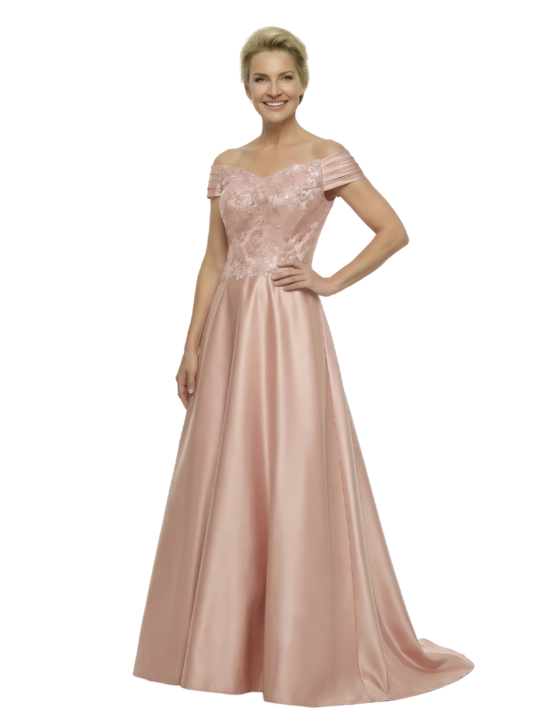 Elegant Off Shoulder Sleeveless A-Line Floor-Length Satin Mother Of The Bride Dress