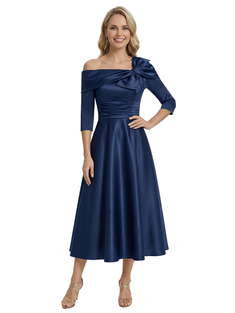 Mother of The Groom Gown Off Shoulder Long Sleeve Bow Satin Tea-Length A-Line Dress Trendy Wedding Guest Attire
