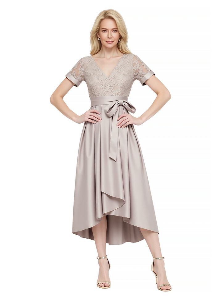 Elegant Short Sleeves V-Neck Lace Satin High Low Midi Mother of the Brides Dresses
