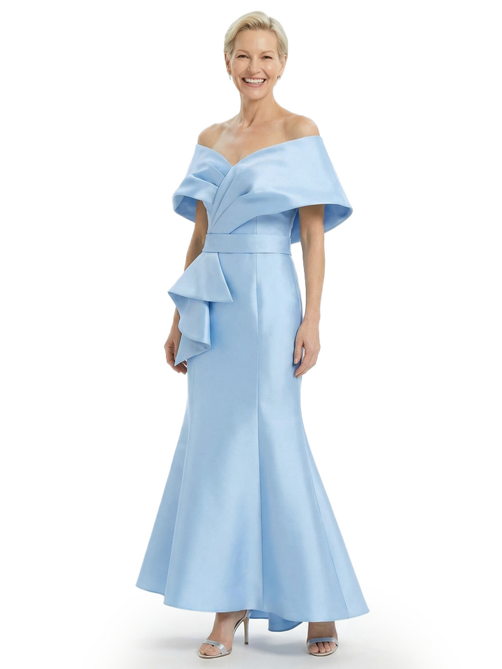 Mother of The Groom Dress Off Shoulder Mermaid Satin Floor-Length Ruffled Fancy Chic Formal Gown