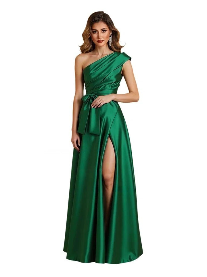 Elegant One Shoulder Silky Satin A-Line Floor-Length Mother Of The Bride Dresses Side Slit