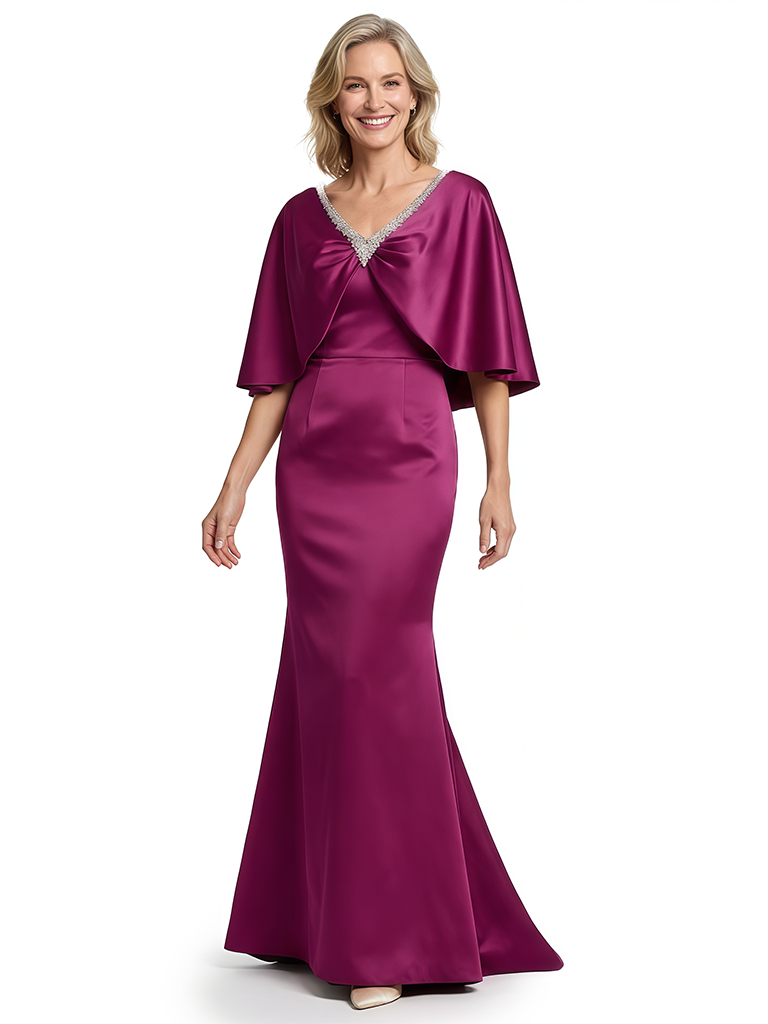 Chic V-Neck Cape Sleeve Satin Mother of The Groom Dress Floor-Length MermaidSophisticated Wedding Event Outfit
