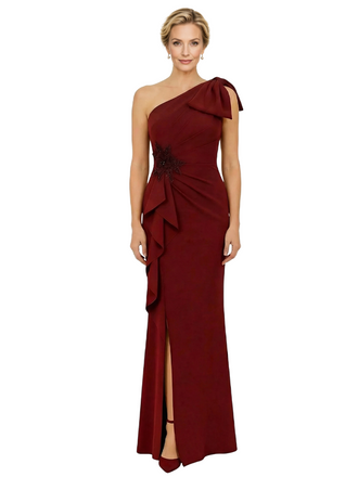 Chicsew Mother of Groom Gown One Shoulder Ruffled Jersey Trumpet Maxi Dress with Bow