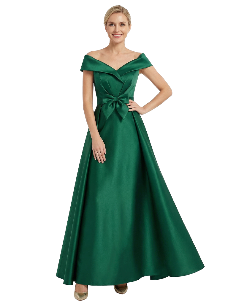 Chicsew Mother of The Bride Dress Gorgeous Off Shoulder Bow Detail Satin A-Line Maxi Gown