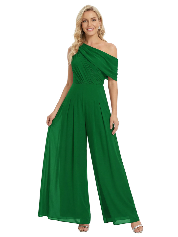 Chicsew Mother of The Bride Jumpsuit Modern One Shoulder Ruched Chiffon Wide Leg Long Outfit Flowy Silhouette
