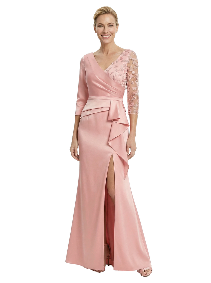 Chicsew Fancy Mother of The Bride Dress V-Neck Lace 3/4 Sleeve Mermaid Floor Length Satin Ruffled Formal Gown