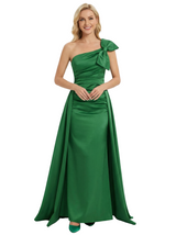 Chicsew One Shoulder Bow Ruched Satin Mermaid Mother Of The Bride Dresses With Overskirt