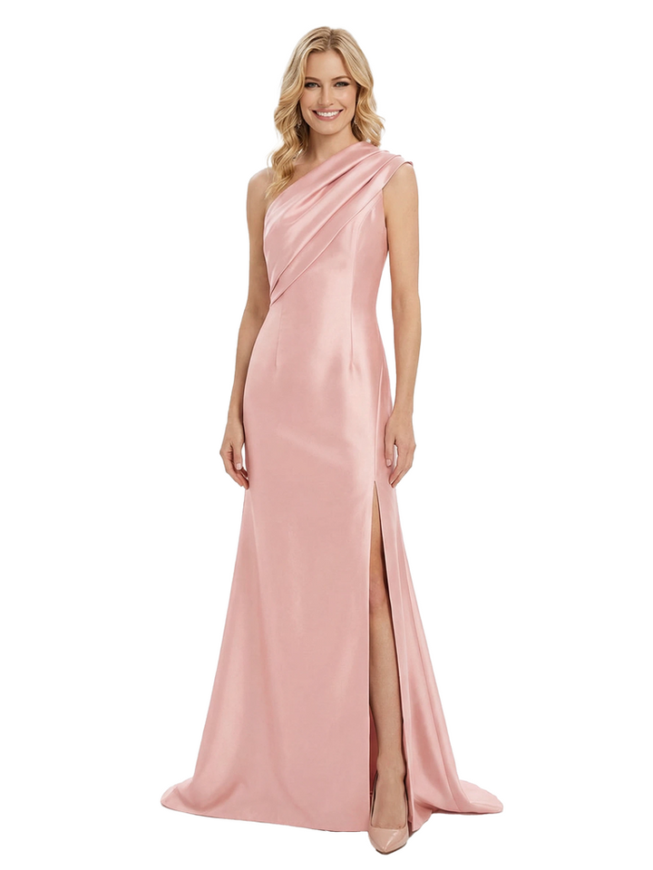 Mother of The Groom One Shoulder Sleeveless Ruffled Satin Side Slit Mermaid Floor Length Formal Bride Mother Wear