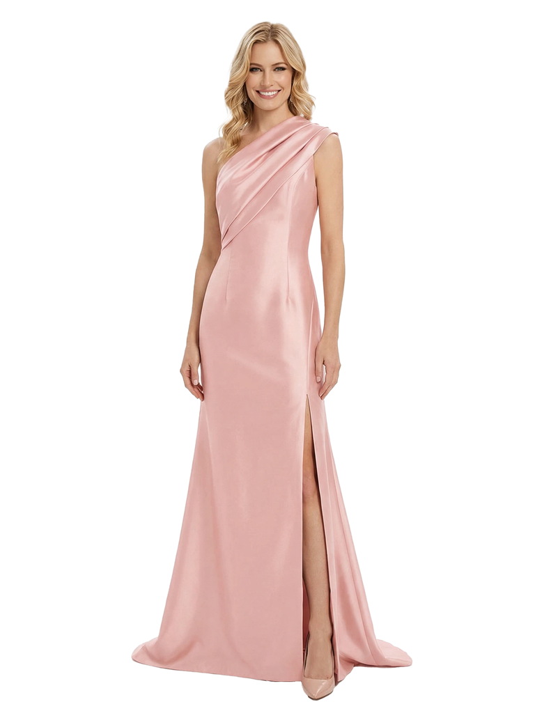 Mother of The Groom One Shoulder Sleeveless Ruffled Satin Side Slit Mermaid Floor Length Formal Bride Mother Wear